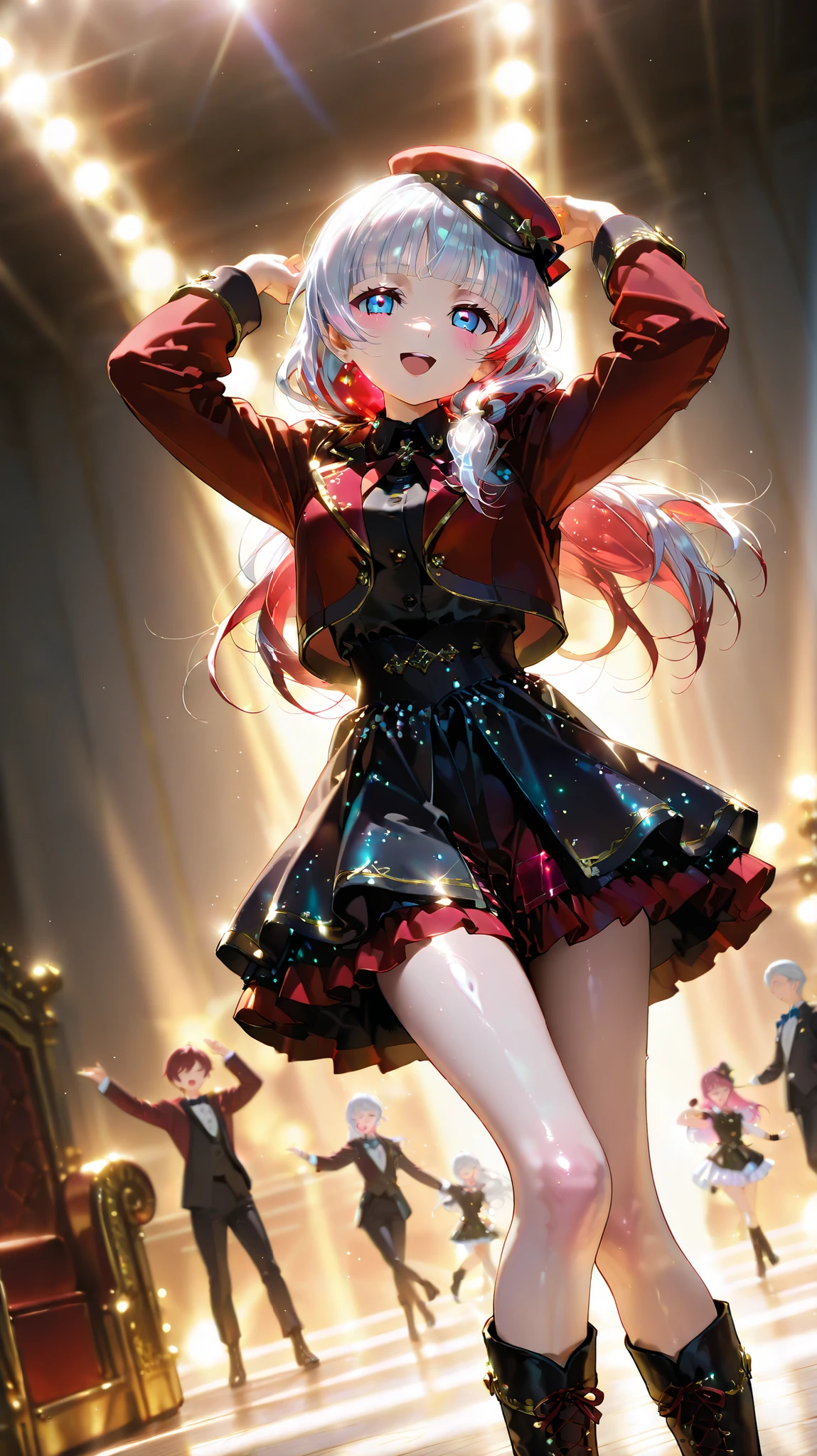 (((Ultra-high resolution))), Official Art,high definition CG Unity 8K wallpaper,(masterpiece:1.0),(best quality:1.0), 超high resolution,4K,very detailed, photo shoot, 8k, high resolution, Kodak Portrait 400, Medieval Throne Film Grain, Lens Flare Glow ,best quality,8k), as a portrait,8k,viewer,(((18 year old woman:1.Young and Adorable Japanese Face, (Love Live Stage Outfit, Dancing, Singing ),((silky smooth hair, Abnormally Long Silver Hair:1.3)),Her face is beautifully detailed,Feminine Silver Hair,Straight Hairstyle, hair over shoulders, long hair tied low,((Silver Pink Gradation Color Hair:1.1)),pink inner hair, (Super Detailed Beautiful Face and Blue Eyes),Shaoyang, embarrassing, rich breasts, Chest, pale skin, shiny skin、correct limbs ,( Powderlight , Sparkling effect, glitter effect, Glow Effects :1.5),Soft Atmosphere ,Idol Dress, dark red jacket, Tuxedo, Dark Red Ruffle Skirt, boots, Dark Red Little Hat, on the live stage, dutch angle, Adding Micro Details, detailed eyes,