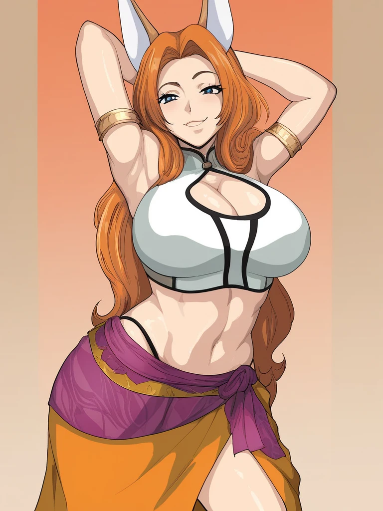 uzumaki_kushina,massive gaint large_breasts, medium thighs, medium_ass, solo, belly_dancer_dress,yellow color dress,ponytail,no bra,no panties, masterpiece, best quality, detailed face, detailed eyes, highres, (masterpiece:1.4, best quality:1.2), (Highres), (Detailed Illustration), Ultra-Detailed, konohagakure, bending on front,looking in front, smiling playfully,mischievous eyes,blue eyes