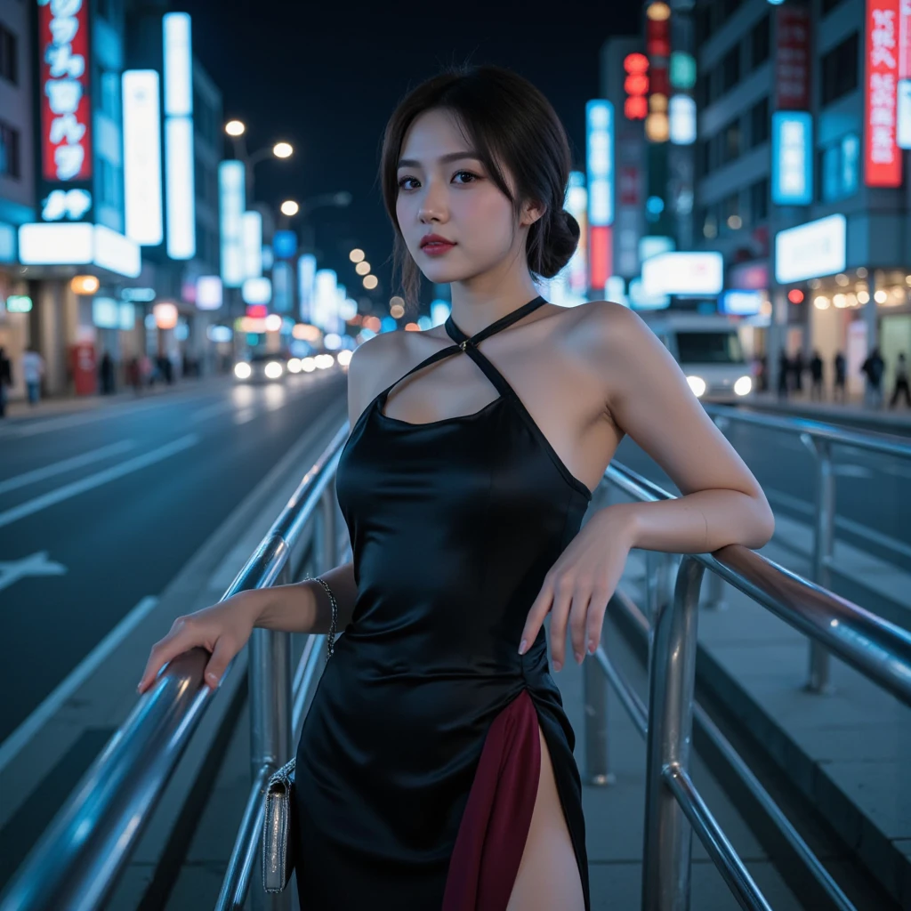 ((highest quality)), ((masterpiece)), (be familiar with), perfect face、(((middle hair))))、((((brown hair))))、highest quality、8K、HDR、High resolution、background blur、photograph、(RAWphotograph:1.2)、(realism:1.2)、(intricate details:1.2)、1 girl、solo、japanese girl、beautiful girl、((((medium breasts)))、Perfect for your skin、((long eyes、detailed pupil、Clearly double eyelids))、(slim body、upturned bust)、(off shoulder shirt、Ultra Mini、Knee-high boots)、Tokyo cityscape、colorful lights、((night))、hair fluttering、Translucency、sexy、(beholder)、from the front、tight line of sight
