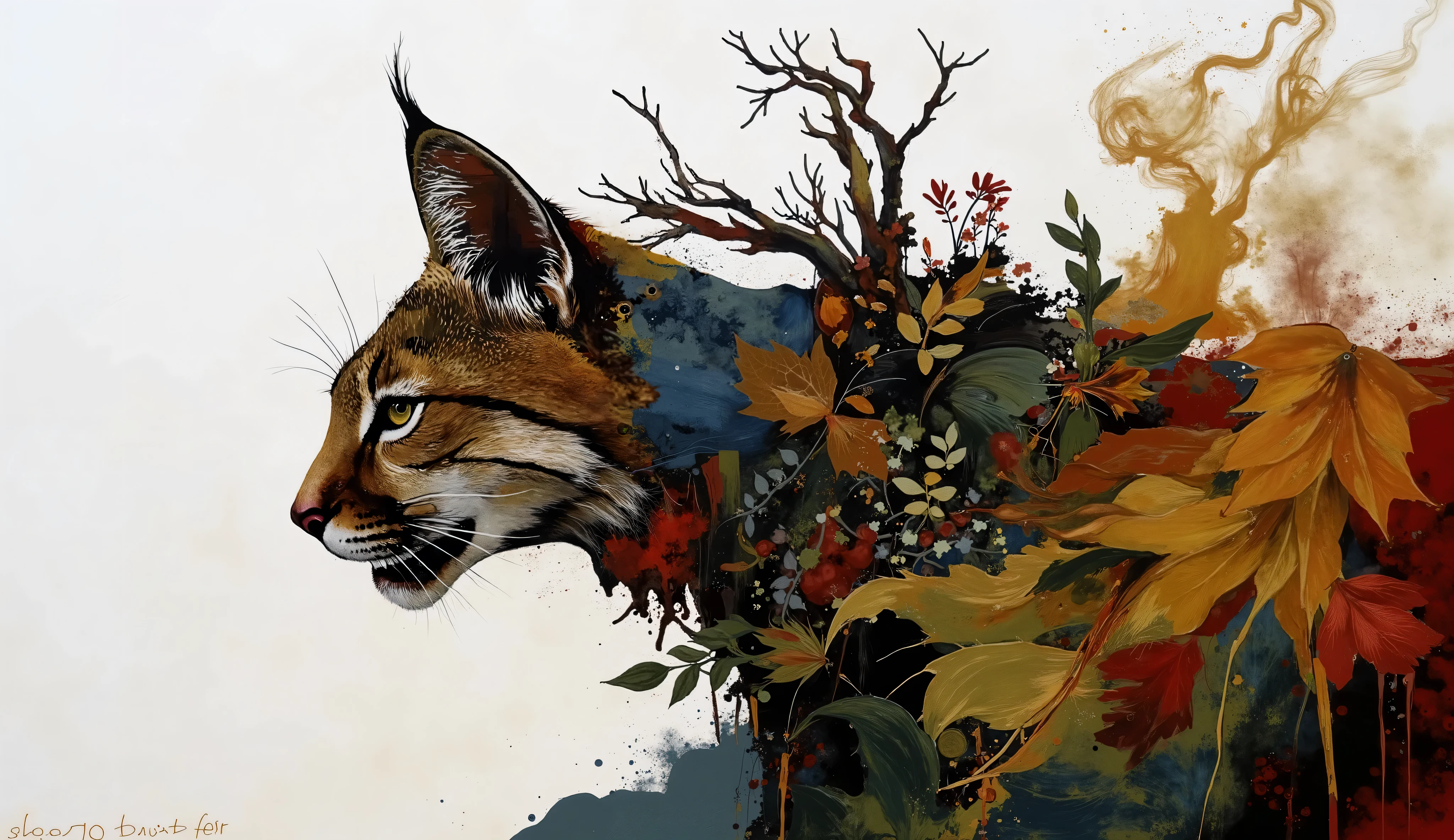 modern collage, use natural pigments and leafs and flowers to make a representation of a spirit animal, a cougar, in an ethereal representation made of smoke and montain vegetation, , color palette: Button Blue, Dark Yellow, Peridot, UE Red, Carmine