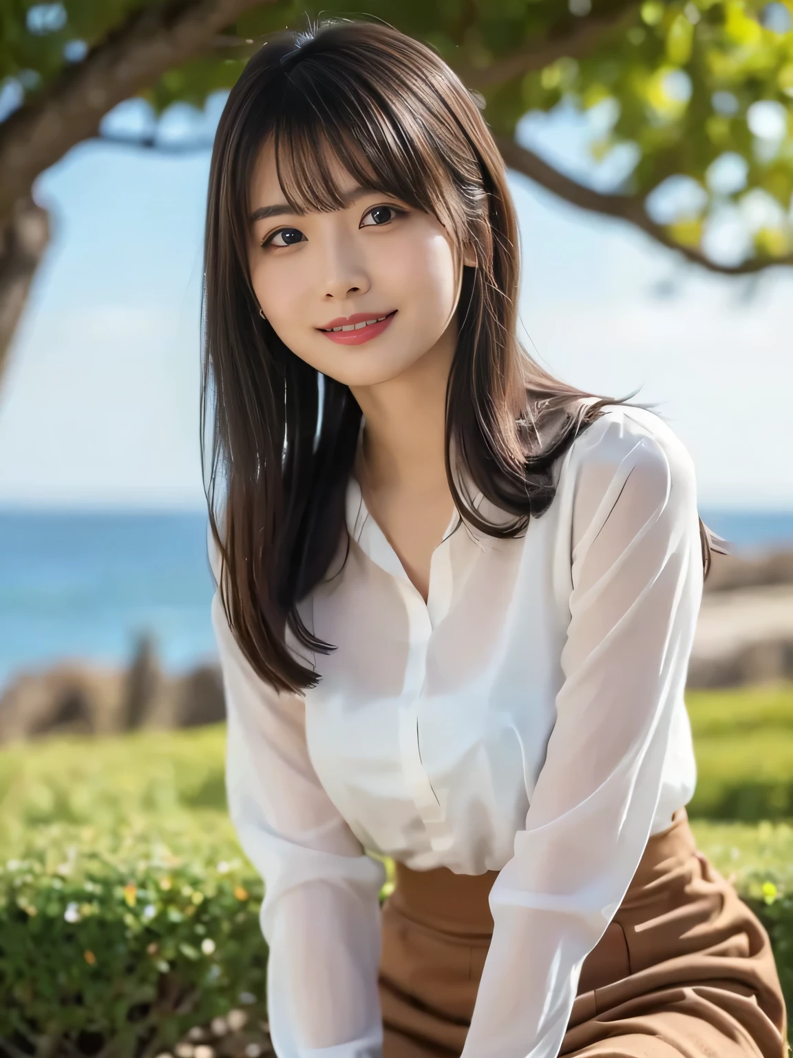 A commemorative photo at a park with a view of the ocean、 in 8K,Best Quality:1.4, 超A high resolution:1.5, (photorealistic:1.4),masterpiece:1.2,(top-quality:1.4)、Raw photo、1a japanese girl、Cute、 (RAW Photo:1.2), (photorealistic:1.4), beautiful detailed girl surrounded by thugs, ((very detailed eyes and face, beautiful detailed eyes, very detailed face)), high resolution, very detailed, best quality, masterpiece,(((white blouse))), great, fine details, best quality, 1 girl, ((dynamic pose with a flameless wooden sword)), ((pantyhose), (pantyhose and legs)), (Shy smile:1.3), Smooth skin、30-years old:1.5、Beautiful black eyes、natural skin textures:1.3, realistic eyes and face details、 (Brown medium hair),、middlebreasts、angle from below、Summer Day、 beautiful feet、Sunset