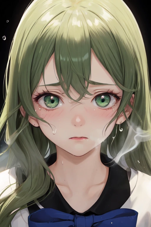 girl, beautiful, curly hair, long hair, yellow eyes, green hair, breasts, crying, tears
