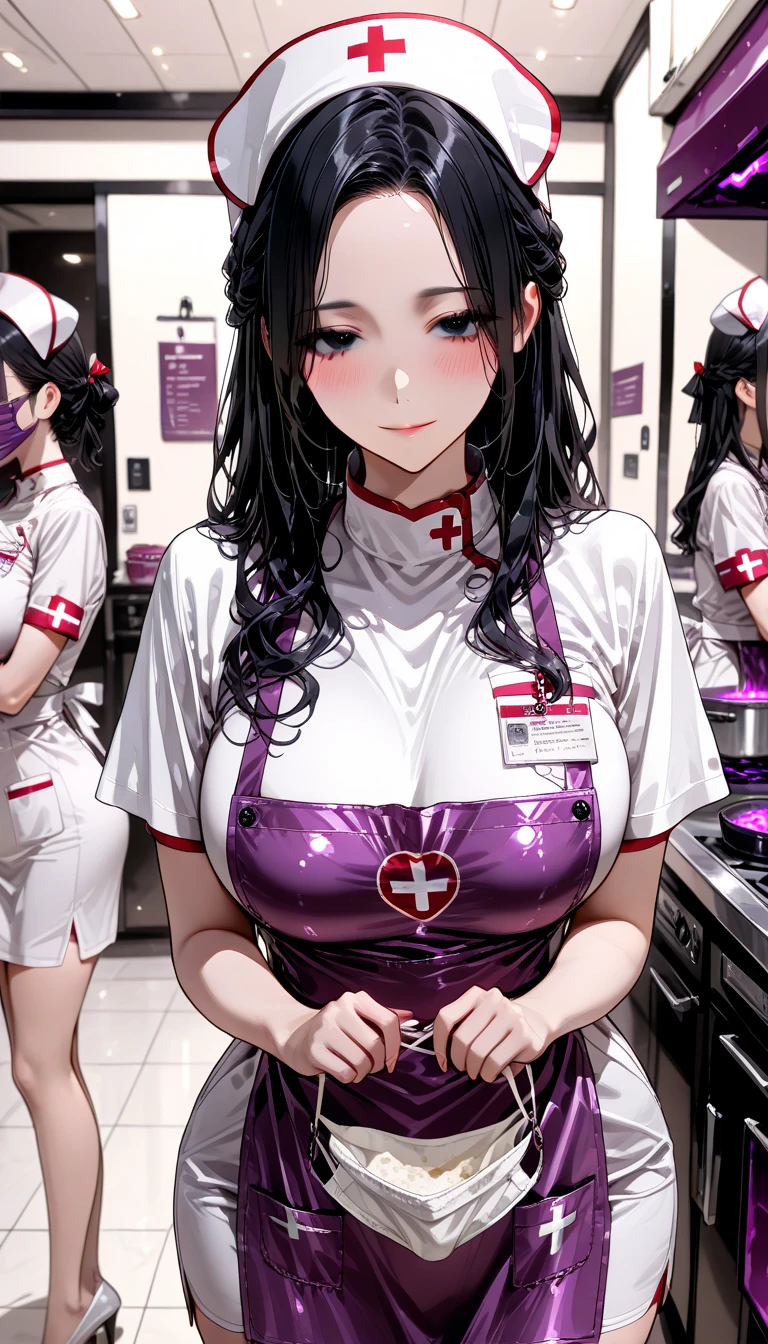 1 mulher, Sozinho, enfermeira, white enfermeira cap, white enfermeira uniform, ((legging branca, zetai ryouiki)), luvas brancas, cabelo loiro, olhos azuis, ((White surgical mask, nariz coberto)), standing, ((quarto de hospital)), sharp contour, Manga curta, mulher madura, 35 anos de idade, melhor qualidade, Obra de arte