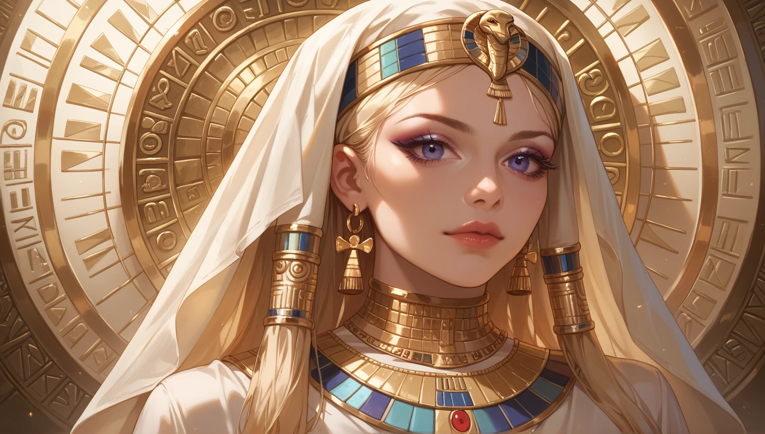 Ancient Egyptian-themed woman, mystical effects, gold accents, ornate attire, hieroglyphic-inspired details, enchanting pose, soft mystical lighting, bokeh background, high resolution.