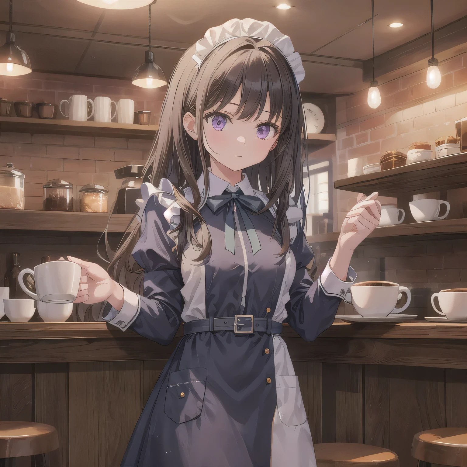 A girl is working as a waitress in a cozy cafe. She's wearing a classic maid outfit. The air feels warm and calm, and it's like you can almost smell the coffee through the picture. Dark hair, long hair, purple eyes.