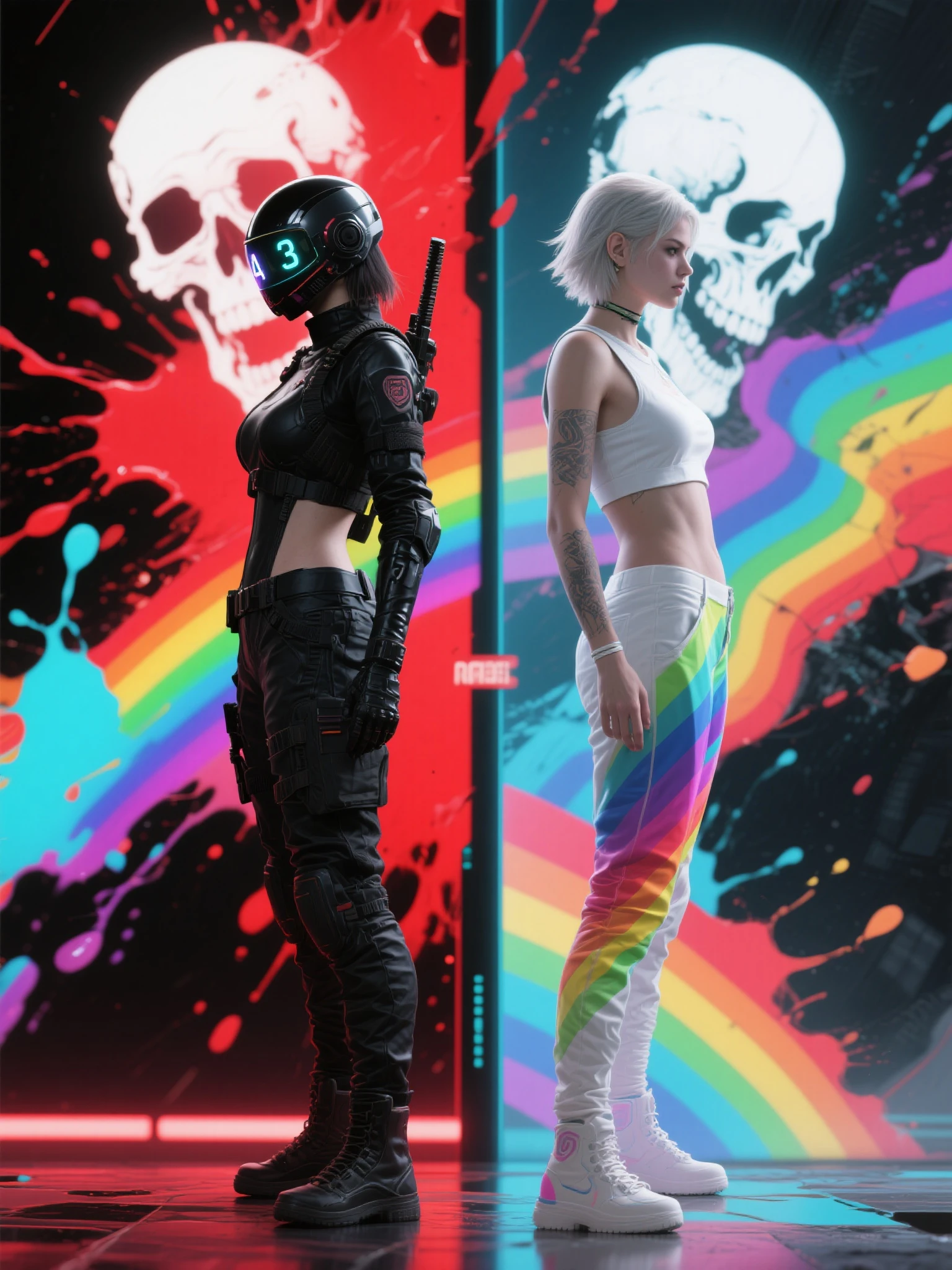 (((((Mulher))))), (((Rockeira))), (((lip piercing))), (((Large flare on lobes))), Roupa cyberpunk na cor preto e branco, Jaqueta de couro, (((Cabelo azul no estilo emo girl))), medium breasts, pulseira com spikes, brass knuckles necklace, (((black background wall with the writing SENTIINEL in capital letters in red and letters similar to the cover of a metal band)))), ((Torn pants)), ((((tattoos on arms and face))))