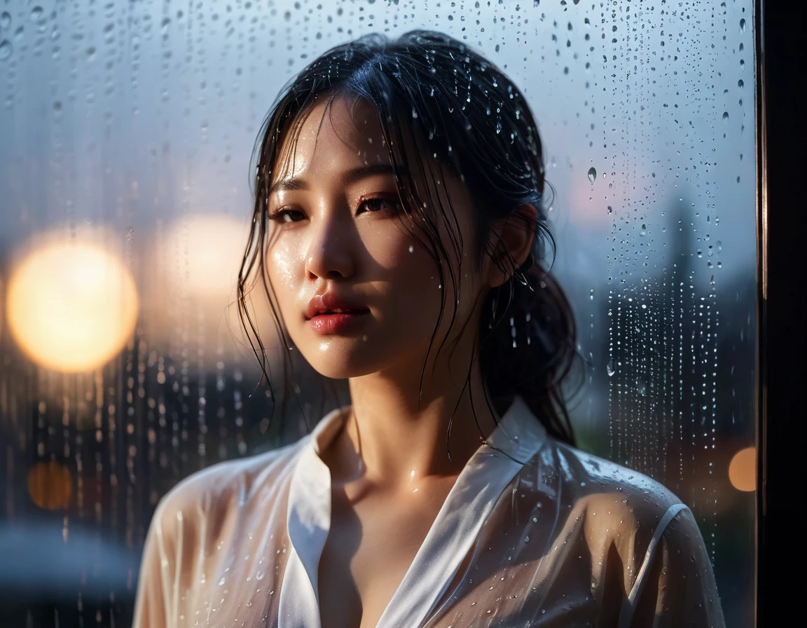 （Cinematic tones）（The film is in a cool gray tone）（Wet clothes：1.9）,（Get wet all over your body：1.9）,Top image quality, tmasterpiece, 超高分辨率, （Fidelity：1.4）, photore,deluge, stunningly beautiful woman, （Sorrow）, white  shirt, dim murky lights, shadowy, Desperate, Pity, Pathetic, Cinematic, Tears, tear drop, （ripped clothing：1.5）, （Wet clothes：1.4）, bare shoulders​, Real rain, wetting hair