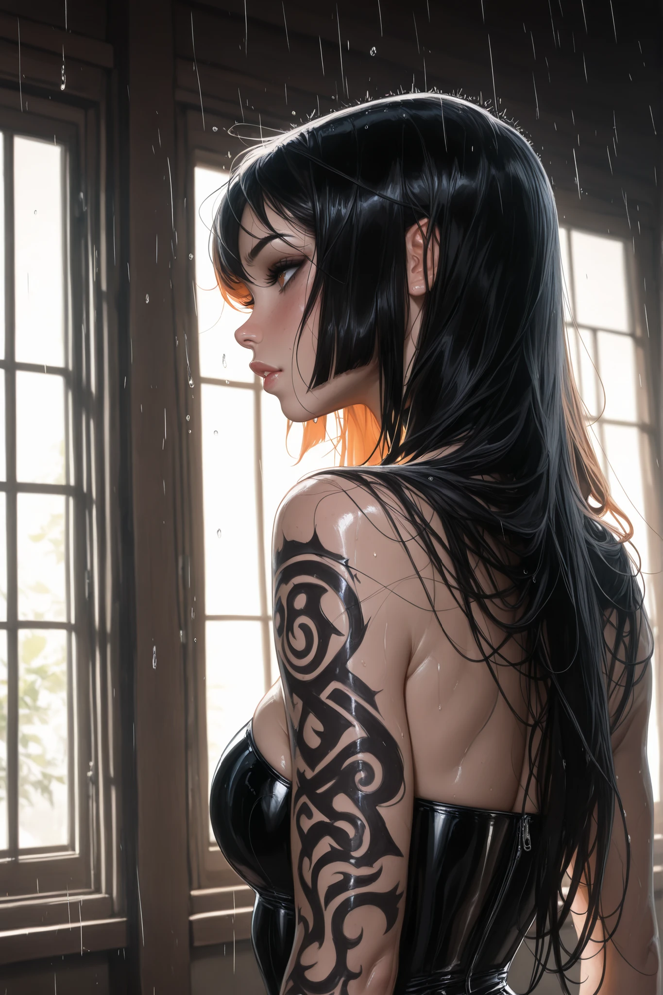(tangobat:0.7),(Sakimichan:0.7),(High CT quality,4k,High resolution,main piece:2.3),(Very detailed,Realistic:1.37,Best quality,masterpiece, high resolution,on_body), (Tyndall effect,photorealistic, Edge lighting, Two-color lighting),(high definition skin:2.3), (8K UHD, DSLR quality, soft lighting, high quality, surround lighting, sincere, de 8K , 4K, 8K.)
The girl is standing at the window, the window is covered with raindrops. On the background: rain.
