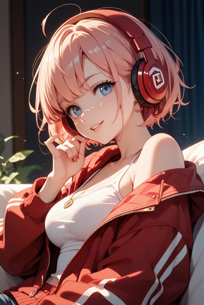 anime、Digital Art、Flat Design、Big Breasts、I can see your chest、Sitting on the sofa、White shirt、Sexy Underwear、whole body、uhd, (masterpiece:1.2), best quality, highres, award winning, high details、Listening to music with headphones and looking here computer、Her hair is color pink&red bowing in the wind and she has a calm expression.