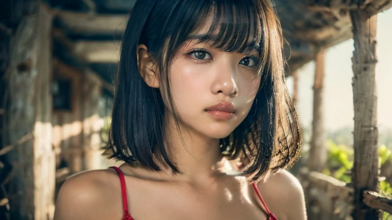 ((Best Quality, 8K)), Beach Girl, Cinema Lighting, , Gravure Idol, Japan, Black Hair, Short Hair, No Makeup, Realistic Skin, Detailed Eyes, Bikini, Background Blur, open mouth, tongue out