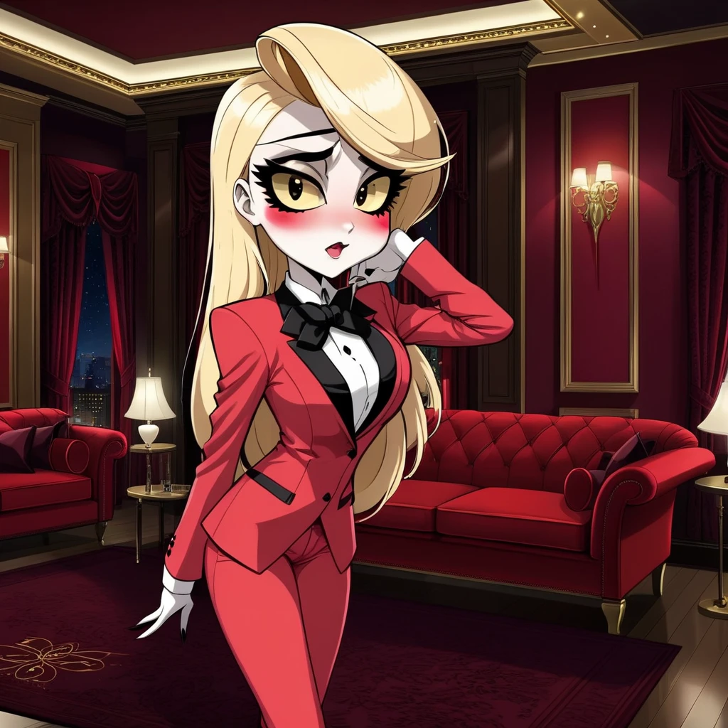 (masterpiece, best quality:1.2), solo, 1girl, charlie morningstar, colored skin, smile, looking at viewer, arms behind back, colored sclera, red jacket, bowtie, red pants <lora:hazbinhotel_morningstar_v11-10:1>