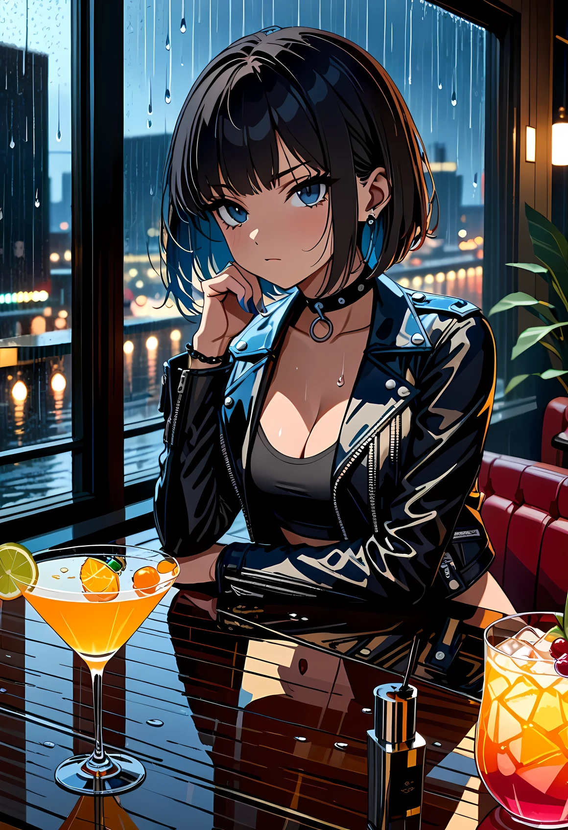 ((best quality)), ((masterpiece)), (detailed), perfect face, ((Best quality, 8k, Masterpiece: 1.3)), Sharp focus A beautiful woman with perfect body, Slim abdomen, Punk rocker, navy leather jacket, choker, standing bar, round table for one person, cocktails on the table, (right hand on chin), Black hair, bob cut, Quiet atmosphere, ((left alone at the bar)), blue nail polish, Rain reflected outside the window, raindrops dripping on the window, Cocktail glass, cocktail (martini)