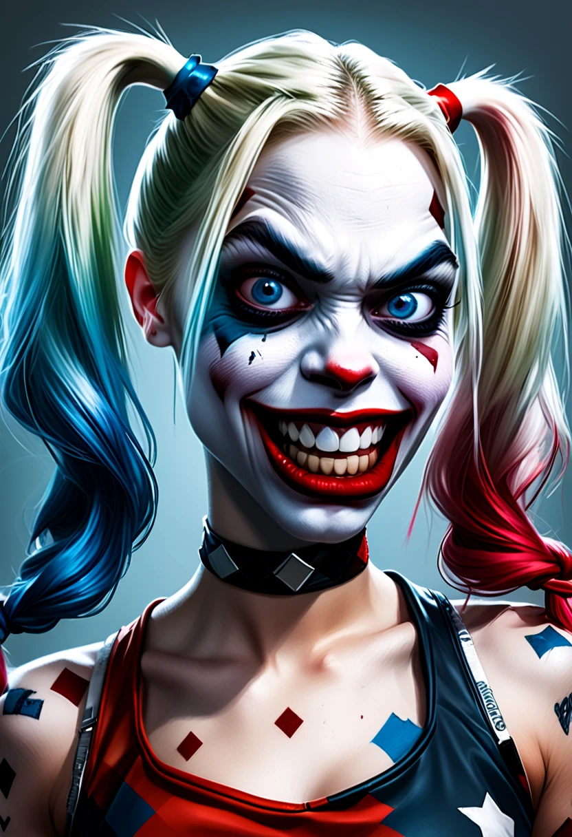 Masterpiece Illustration, high quality, medium full shot.high resolution 16k, a painting of Harley Quinn with a joker smile smile on it's face, joker’s make up. Joker’s dark purple suit. Large breast. Cleavage. finnish cartoon, cgi art, oil painting, inspired by Mort Künstler, exaggerated expression, black background hyperrealism, by Václav Brožík, insane face, by Koloman Sokol, serious cartoon, cgi society, author unknown, incredulous, realistic texture, oil painting, ink, cloud,colorful. Green blonde hair.