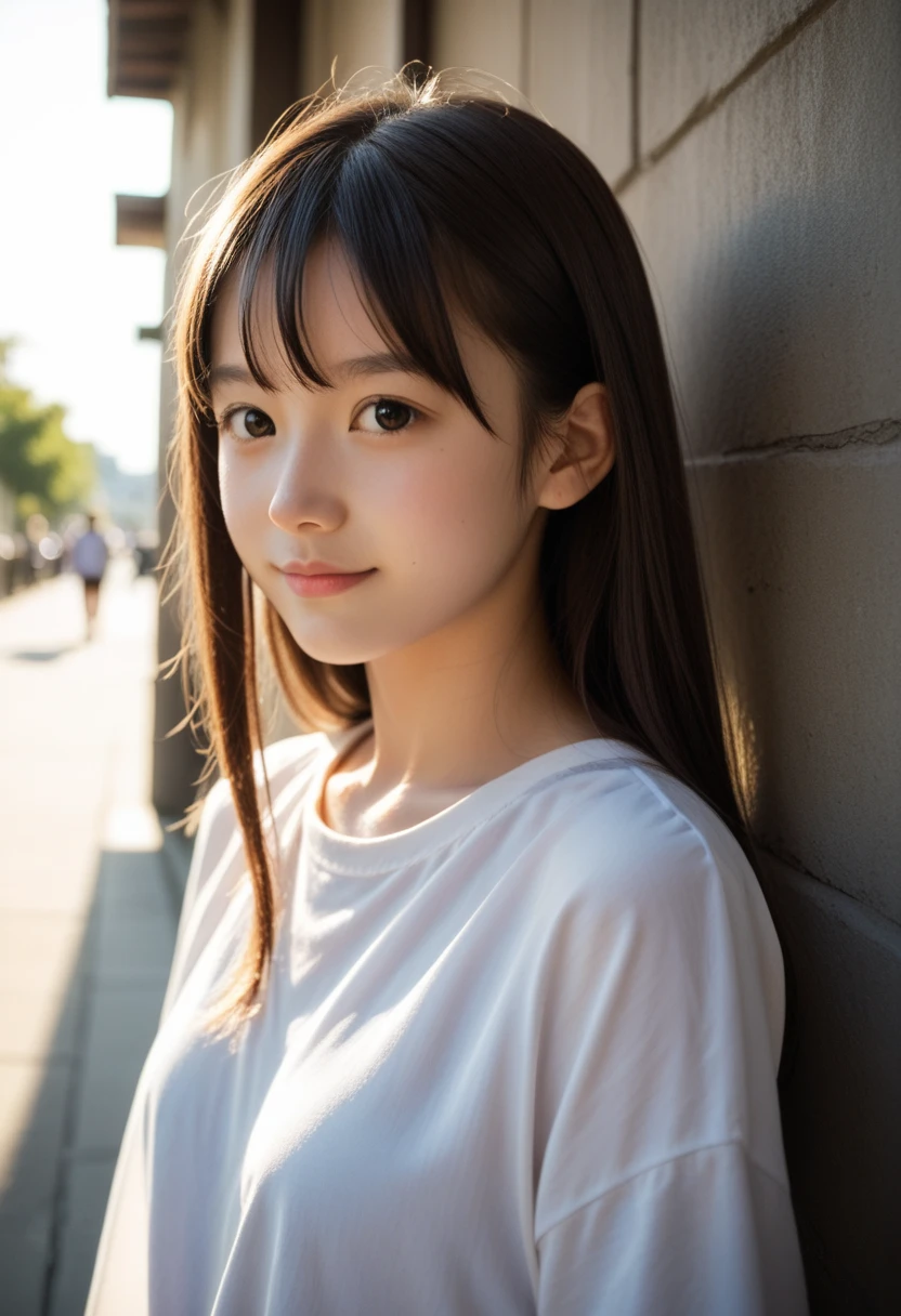 masterpiece, highest quality, 8K, 1 girl, good hand, 14, lively, Active, Life Force, Luminescent, look away, RAW photo, f/1.8, 135mm, nikon, anatomically correct, Bokeh,rough skin, professional photography, portrait, soft light, professional lighting, alone, (smile), cute, girly, film grain, (Eye and face details:1.0), 8k wallpaper, bangs, Tank top, pants, amusement park