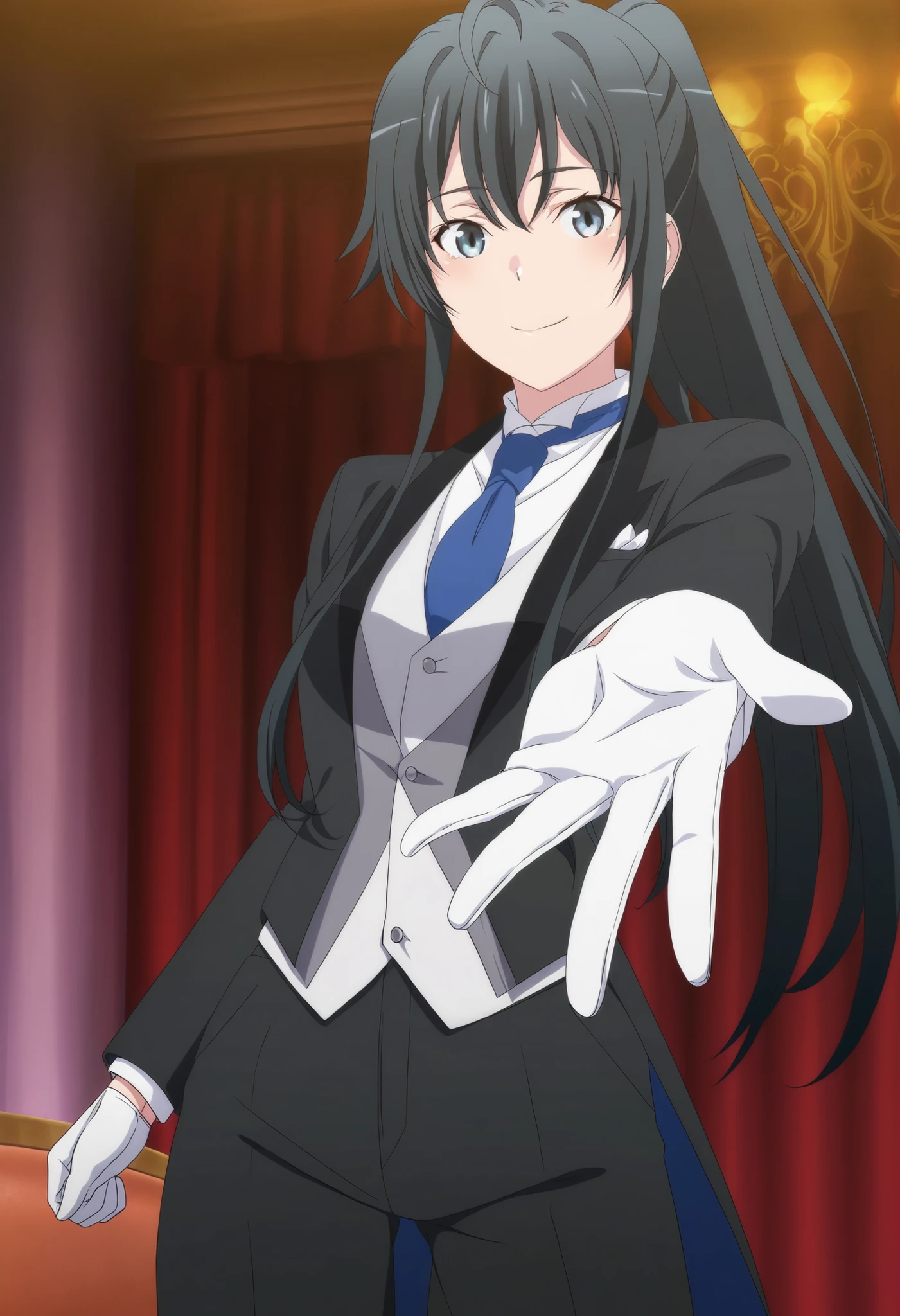 score_9,score_8_up,score_7_up,source anime,anime screencap,anime coloring,masterpiece,best quality,,,in front,,,1girl, solo, standing yukinoshita yukino, blue eyes , black hair, long hair, ponytail, tuxedo tailcoat, butler, blue necktie, black pants, white gloves , soft thighs,cool smile, reaching at viewer, handsome girl, shinny eyes , narrow waist