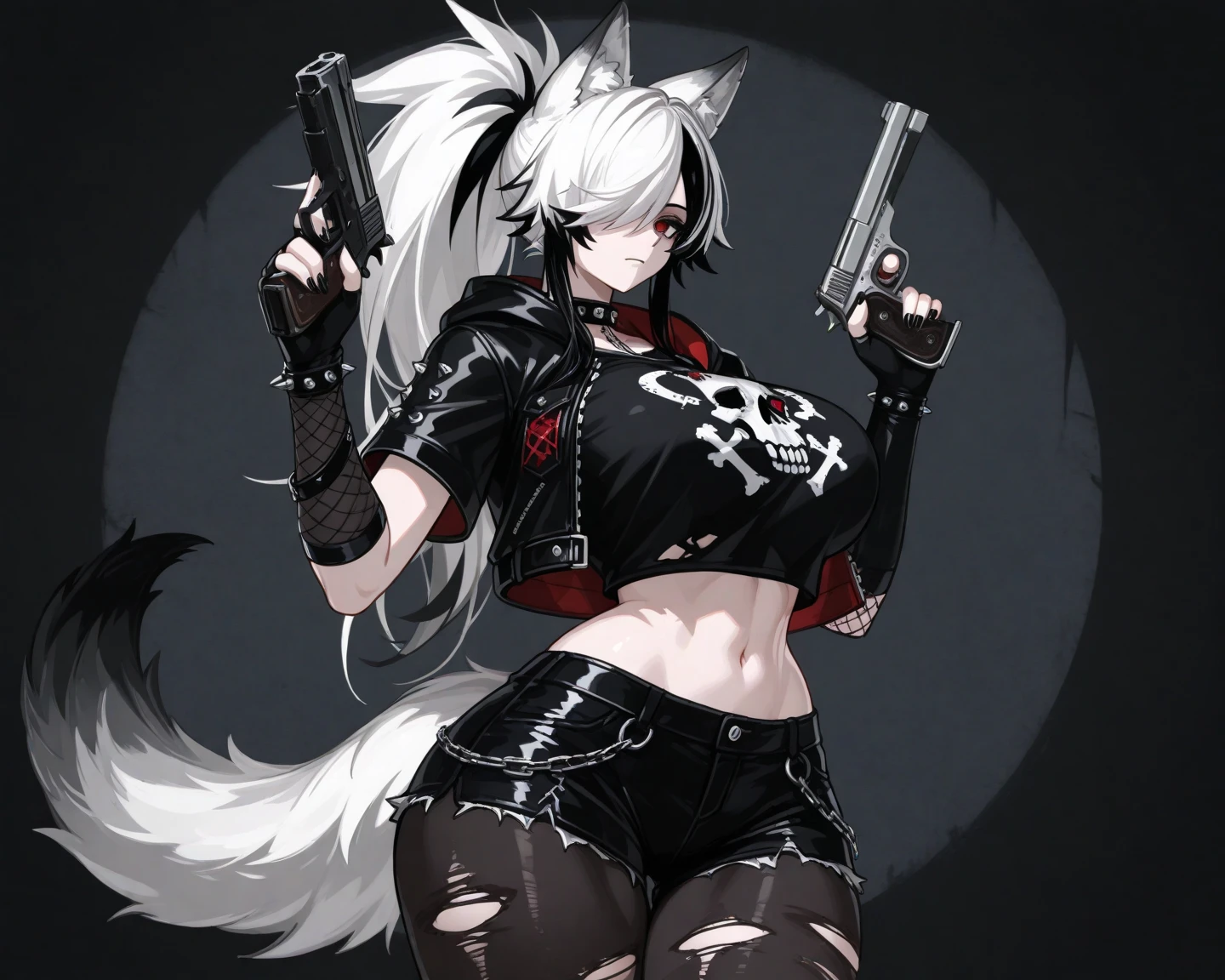 hair is black and a mullet combined with wolf cut and sharp monolid eye and perfect lashes and mouth and nose and my crimson red eye crop top with long sleeve that come with singlet expose chests but not much and and a short black jeansskirt and tight that fashionable and white big leg warmer with a silver star in it and diamon belt*