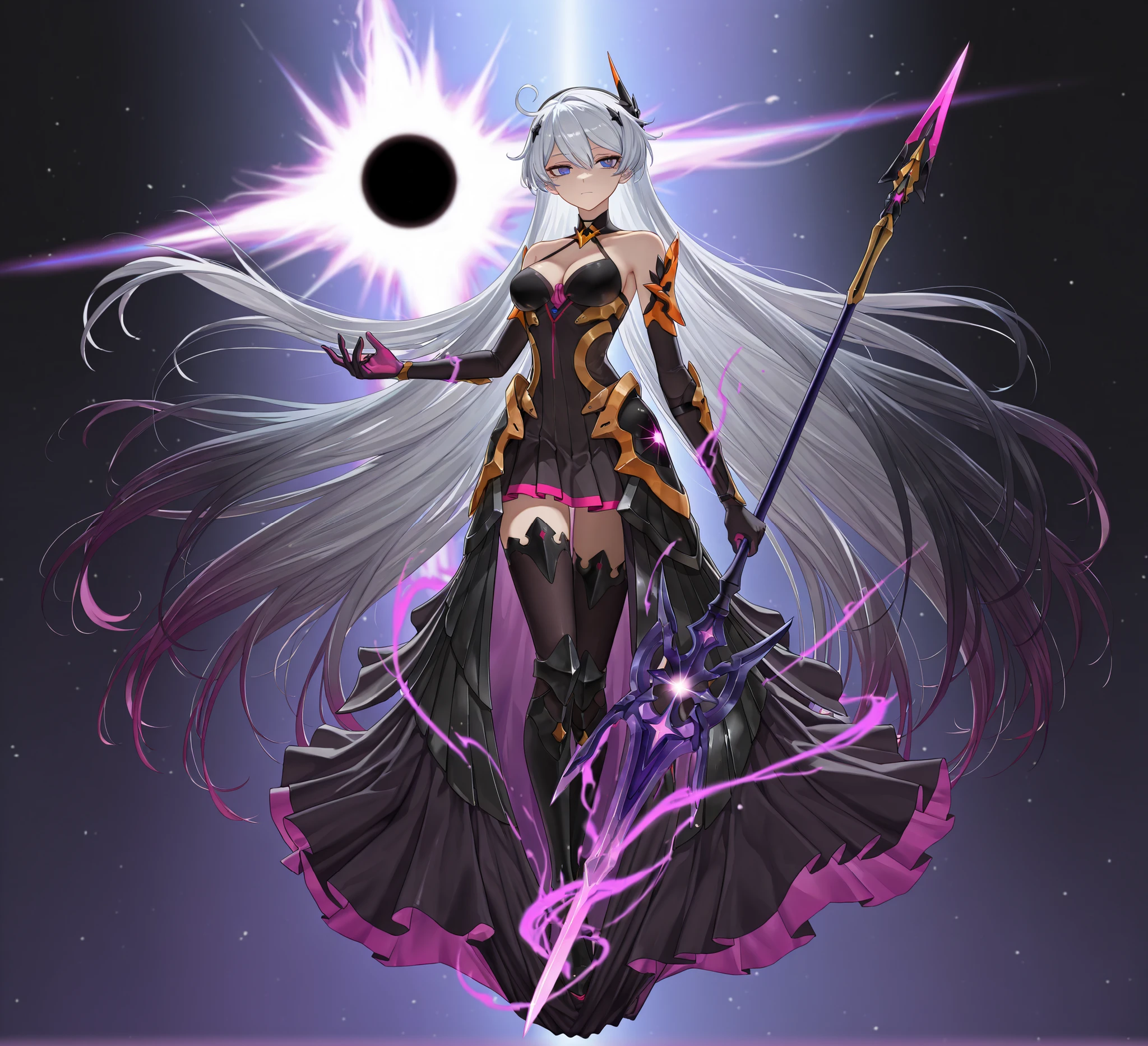 masterpiece, best quality, amazing quality, very aesthetic, high resolution, ultra-detailed, absurdres, (hands:-0.33),
1girl, solo, (quarter shot, closeup shot:1.19), (KianaHi3, Fol005, Kia_Hof:0.22), narrow eyes, expressionless, (white hair:0.86), very long hair, (gradient hair, multicolored hair, black hair:1.13), two-tone hair, ,blue eyes, purple eyes, cosmic eyes, kiana kaslana, bright eyes, tsurime, w1rfram3, protoexcal, golden flames, golden sword, black hole star, black sun, divine armor, demonic armor, purple aura, purple flames, (engulfed in purple energy:1.5), long spear, crystal spear, armored skirt, halter dress, tattered skirt, flowing skirt,
BREAK, depth of field, volumetric lighting
