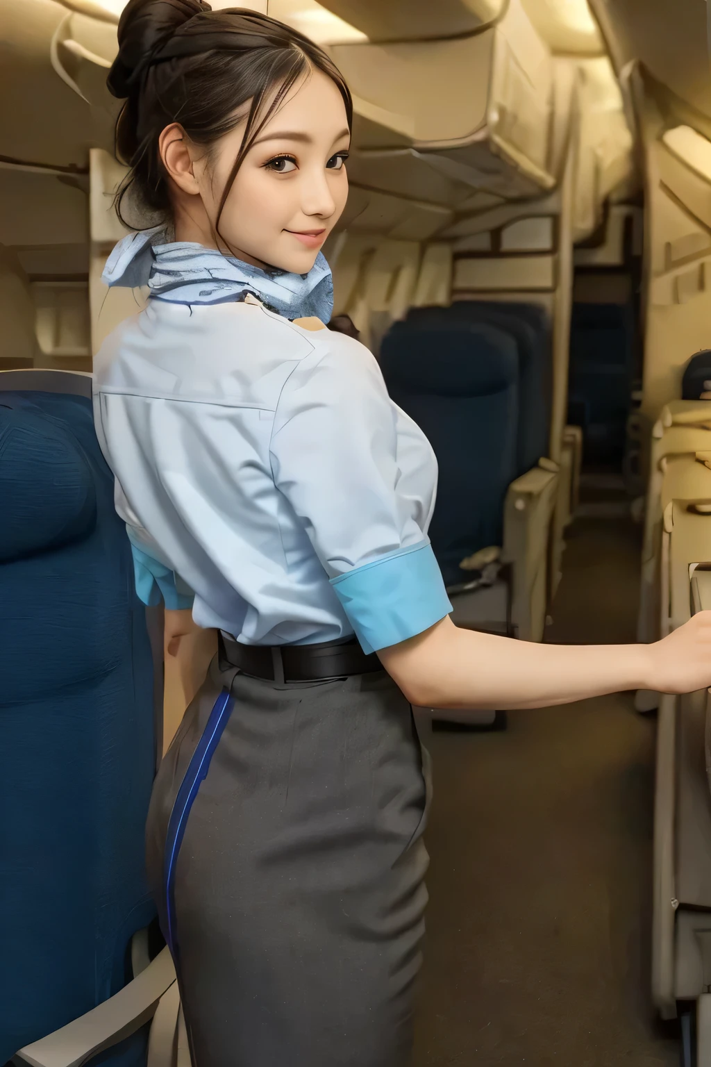 (8K, best quality, masterpiece:1.2), (realistic, photo-realistic:1.37), (high color saturation:1.0), (highly detailed skin), (highest quality:1.0), (ultra high resolution:1.0) ,(realistic:1.0), (Super detailed:1.0), (8K, Raw photo:1.1)、standing random pose, smiling, natural breast, perfect lighting, 3girls, 24years old, (mysterious), clear and detailed, ((ANA_Cabin Crew, blue flight attendant_uniform)), beige pantyhose, (aircraft, aircraft seats), cute face, tightskirt, ((no panties)), beautiful pussy, nsfw, ((skirt lift)),