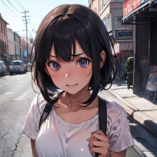 4K, A high resolution, Best quality at best, masterpiece, perfect colors, perfect shadow, perfect litthing, ((sportrait)), Anime girl sitting in car with hand on chin, Anime visuals of cute girls, Seductive Anime Girl, charming anime girls, anime styled, High quality anime art style, Beautiful anime girl, young anime girl, Anime Girl, Anime Girl with Long Hair, tight crop top, big breast, half breast open, background is Tokyo city 80s,  an anime girl, Cute anime girl, face closeup