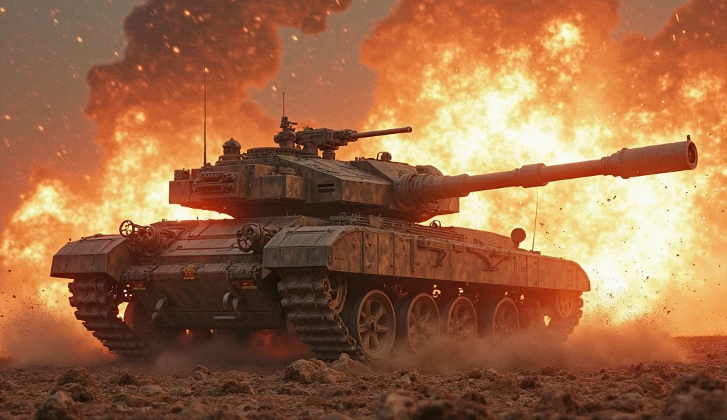 Create a highly realistic visual depiction of an Empire main battle tank exploding after taking a direct hit from an anti-tank missile in a futuristic dieselpunk setting. The scene captures the moment of impact, with the tank's thick, industrial armor being shattered by the powerful explosion. Flames, debris, and smoke erupt from the tank, illustrating the devastating force of the missile. The environment is chaotic, with the surrounding area filled with dust, fire, and scattered wreckage. The tank, a massive, heavily armored vehicle, is shown in the process of being torn apart, its mechanical components and rotating cannons being engulfed by the blast. The art style should emphasize the gritty realism and intense action of the moment, while showcasing the rugged, industrial aesthetics of the dieselpunk theme.