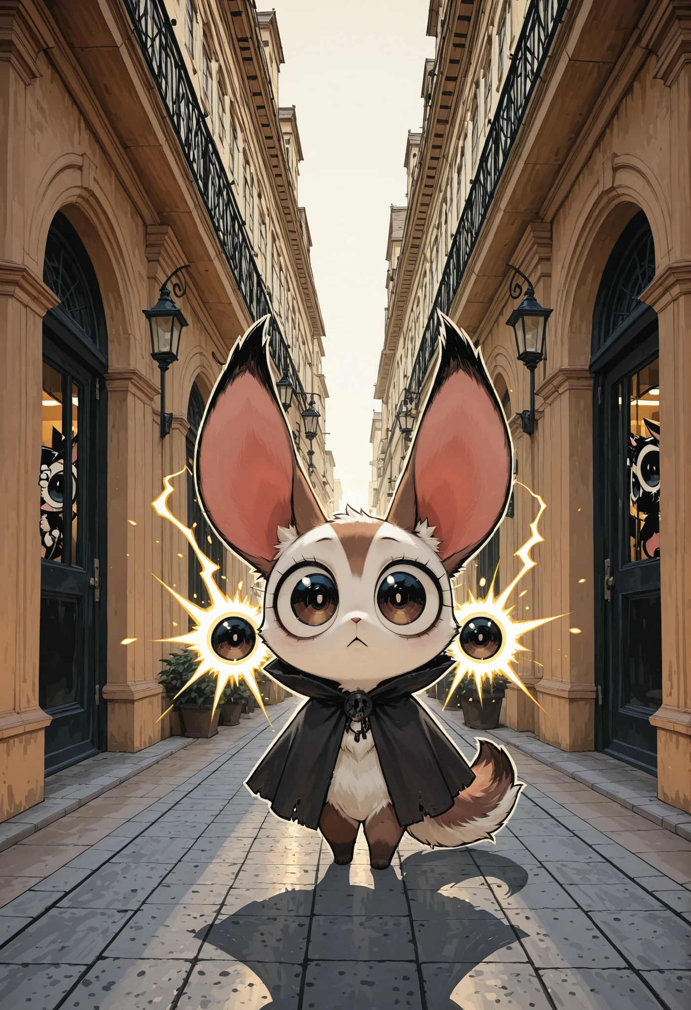 ultra detailed, absolutely resolution, masterpiece, chibi, (@o@), cute fluffy furry image, very cute new species of long-eared beastman, wearing a cloak, standing on two legs and looking around vigilantly, in the back alleys of the city, related background, (brilliant light and shadow, seamless, contrast, gradation) effects, highly detailed, sharp focus and contrast, extremely clear image, 2.5D, artistic photography, hyper realistic, effects magic, shading effects magic, lighting effects magic
