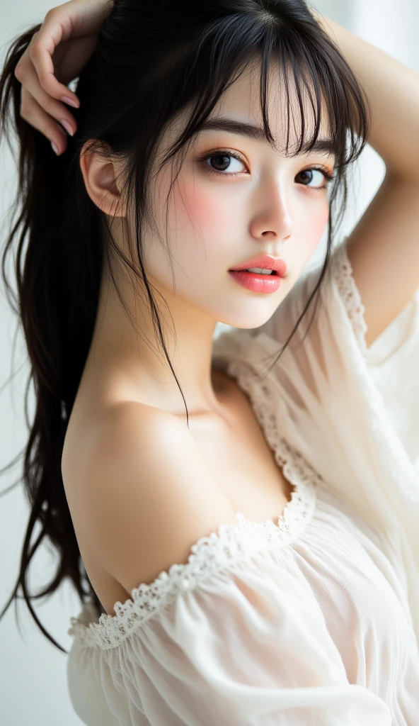 ((top quality, 8k, masterpiece: 1.3)), women (full body portrait, front, babydoll wearing, wet clothes, big breasts, cleavage), sunset, taking photo pose, camera,overhead camera, sharp focus: 1.2, cute women: 1.4, (((hairstyle random)), wet hair, very detailed face and skin and hair texture, detailed eyes, double eyelids, white skin, beautiful delicate nose, Cute young Japan woman, 28 years old, at a dynamic angle, is pleasing to the eye and suggestive composition, emphasizing the subject's hair, eyes, mouth and action, while exuding melancholy emotions characterized by a contrasting mix of muted tones and light and shadow,