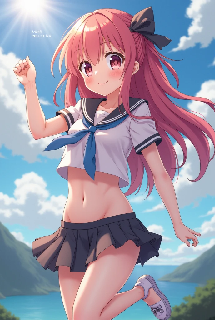 masterpiece, highest quality,shiny skin,wet skin,glossy skin,(la brava:1.5),mini skirt,pleated skirt,white shirt,school uniform,twin tails,red hair, pink eyes,long hair,smile, fangs,beach,,shortstackbt,wide hips,(waving hand)
