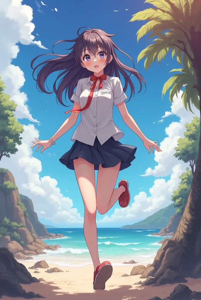 1girl, Giantess, fisheye perspective, below feet view, below girl view, view on ground, very low angle, up front view，From the angle below, long navy hair，No short skirt，trousersless，feet on ground, very far away, very small,  crushing miniature, miniature on ground below feet, step on Tiny miniature