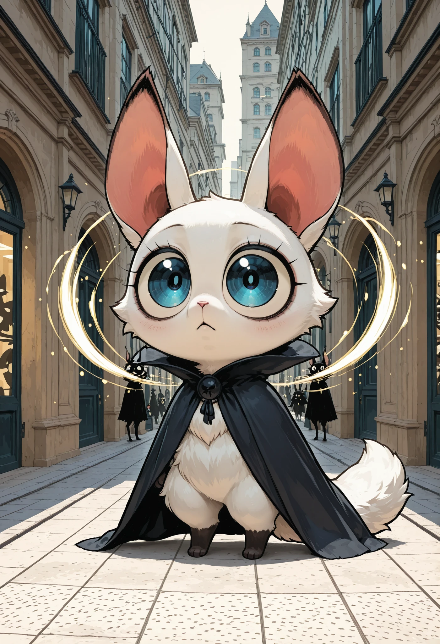 ultra detailed, absolutely resolution, masterpiece, chibi, (@o@), cute fluffy furry image, very cute new species of long-eared beastman, very big blue eyes, wearing a cloak, standing on two legs and looking around vigilantly, in the back alleys of the city, related background, (brilliant light and shadow, seamless, contrast, gradation) effects, highly detailed, sharp focus and contrast, extremely clear image, 2.5D, artistic photography, hyper realistic, effects magic, shading effects magic, lighting effects magic