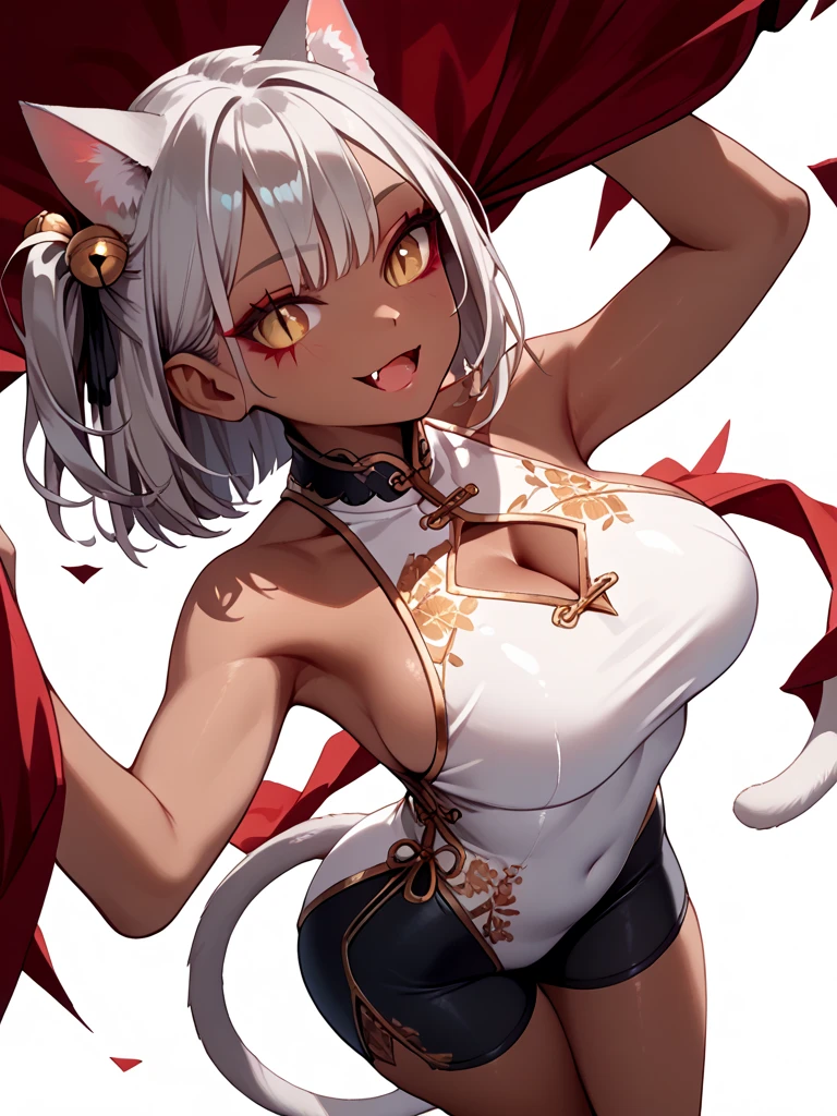 kitsune,9 tails,huge breasts,smiling,drunk,aroused, lightly tanned skin, white hair, kitsune body tattoos, glowing eyes,(best quality:1.2),ultra-detailed,realistic,photorealistic,portraits,vivid colors,warm tone,soft lighting, NSFW, breasts out, nude, sweaty