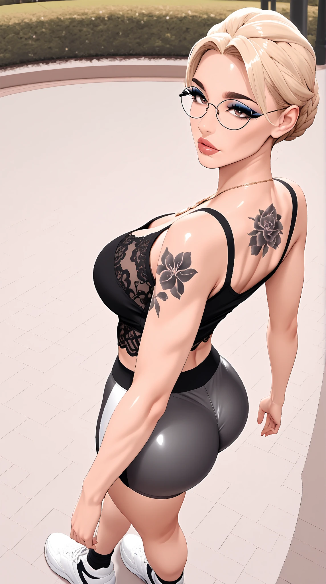 (best quality,High-res,Masterpiece:1.2),Emma Mills, glasses, shiny nylon stockings and garters, nylon bra, oversized, adorned, braided ponytail, full-body shot, (from behind:1.4), swinging, thick thighs, gentle smile, staring at the audience in a high-leg swimsuit, one-piece swimsuit, (leg harness, arm harness, collar, necklace, plenty of jewelry:1.5),fat hips,Tight hip muscles,Clamp the buttocks,The large