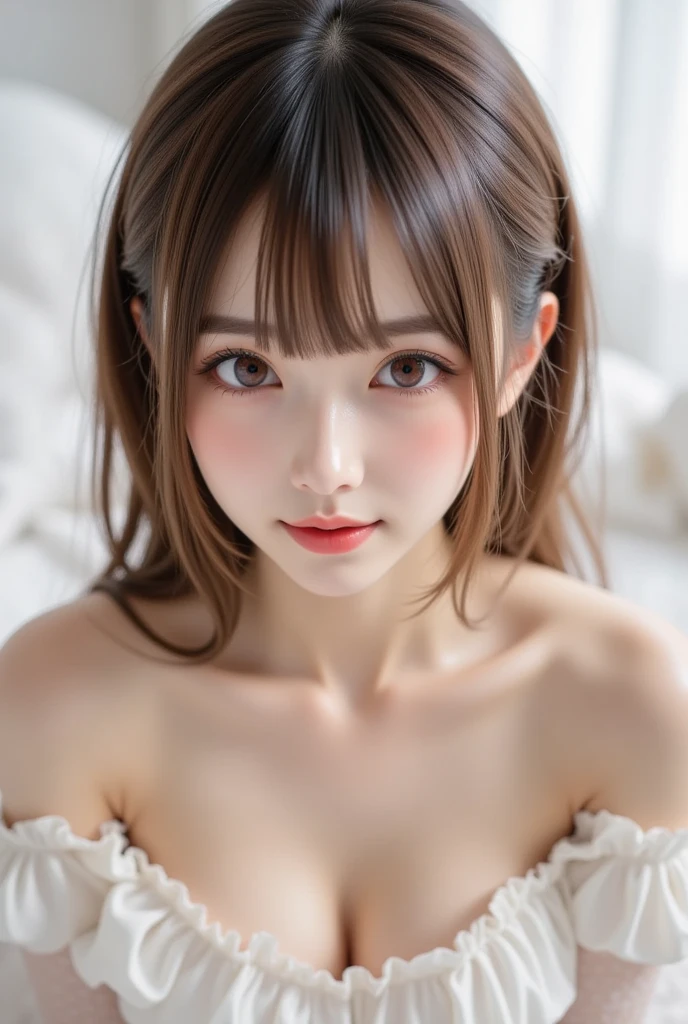 Tabletop, Highest quality, ((Full nudity))、((Large Breasts:1.4))、Very delicate, sexy and beautiful、Brown Hair、Straight Hair, Very detailedな, Very detailed, Highest quality, High resolution, Very detailed,1 person, Highest quality, Curvaceous figure, Emphasized , Looking at the audience, Realist ,Genuine,(((Blurred Background:1.5、Photo studio、Cinema Lighting、Professional Photographer)))