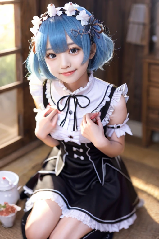 (masterpiece, top-quality;1.3), ultra-detailliert, look at viewr, Kissed face, From above, open open mouth, full body Esbian, show me panties, Remu_Re_Staynight, blue hairs, short-haired, maid's uniform, hair adornments, low-cut, Maid headdress, Ribbon heart-shaped pupil, pink back ground,