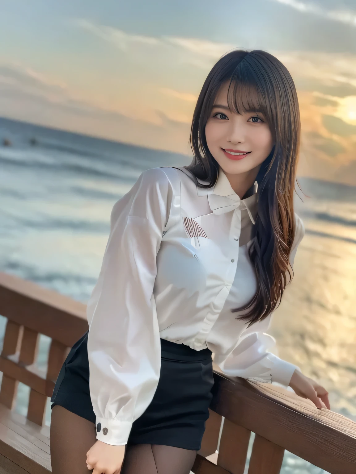 A very cute face like an idol、Looks like a young face、20-year-old female、Gentle and cute、A kind smile、Cleavage、Collared shirt、Walking on the beach at sunset、Natural light、whole body、RAW Photos、Genuine、live-action、Artistic、Real Stick、High resolution、masterpiece