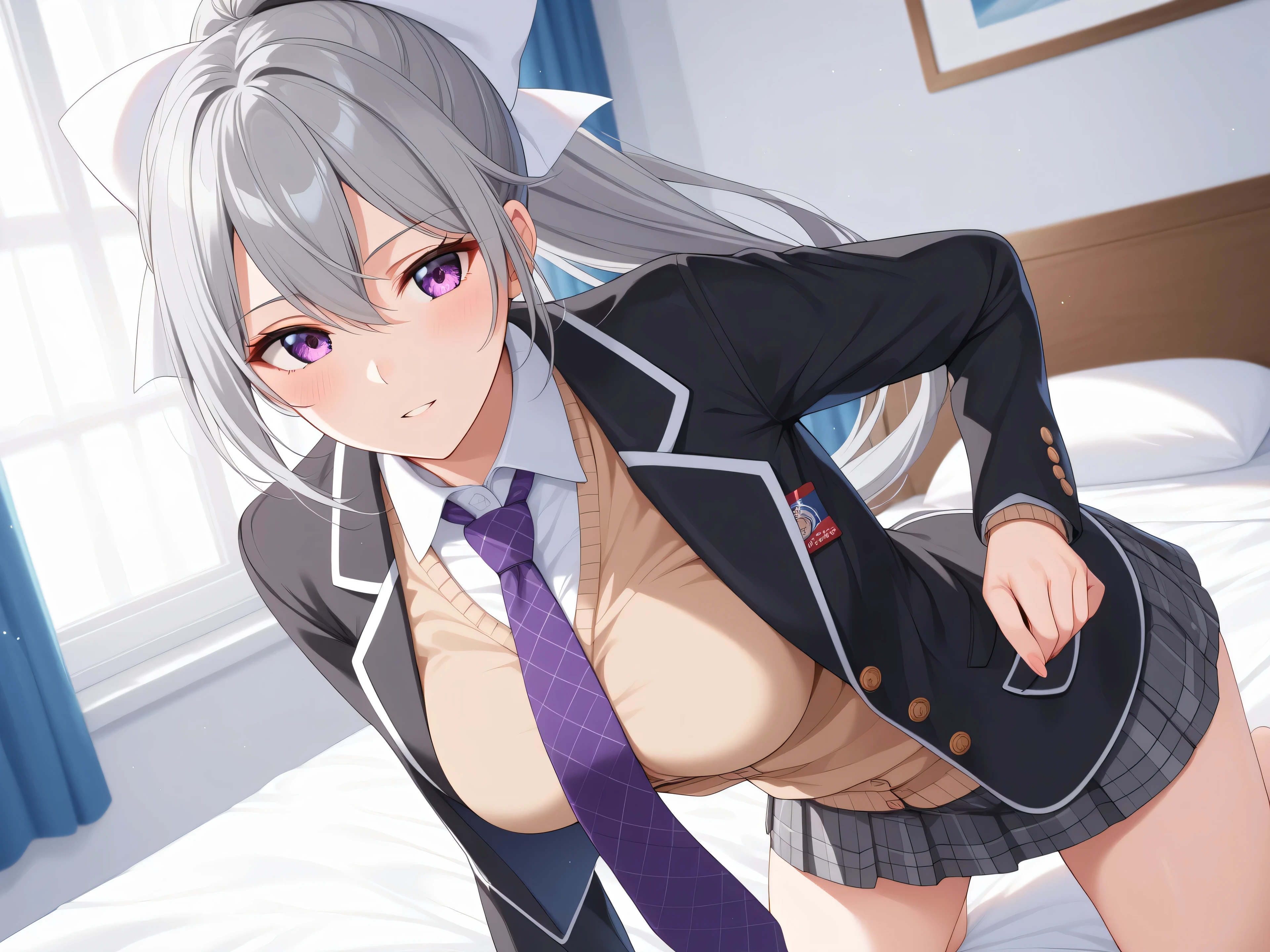 1woman,best quality,ultra-detailed,high resolution,extremely detailed CG,unity 8k wallpaper,score_9, score_8_up, score_7_up, score_6_up, score_5_up, score_4_up, rating_questionable,hk1, purple eyes, grey hair, hair between eyes, long hair, ponytail, bow, white bow、 shirt, white shirt, necktie, purple necktie, cardigan, jacket, black jacket, blazer, skirt, grey skirt, plaid skirt, nsfw、medium breasts,mature female,professional quality、bed room,masterpiece, best quality, amazing quality, highres, absurdres, very aesthetic, high resolution, ultra detailed, perfect details,black panties,all fours