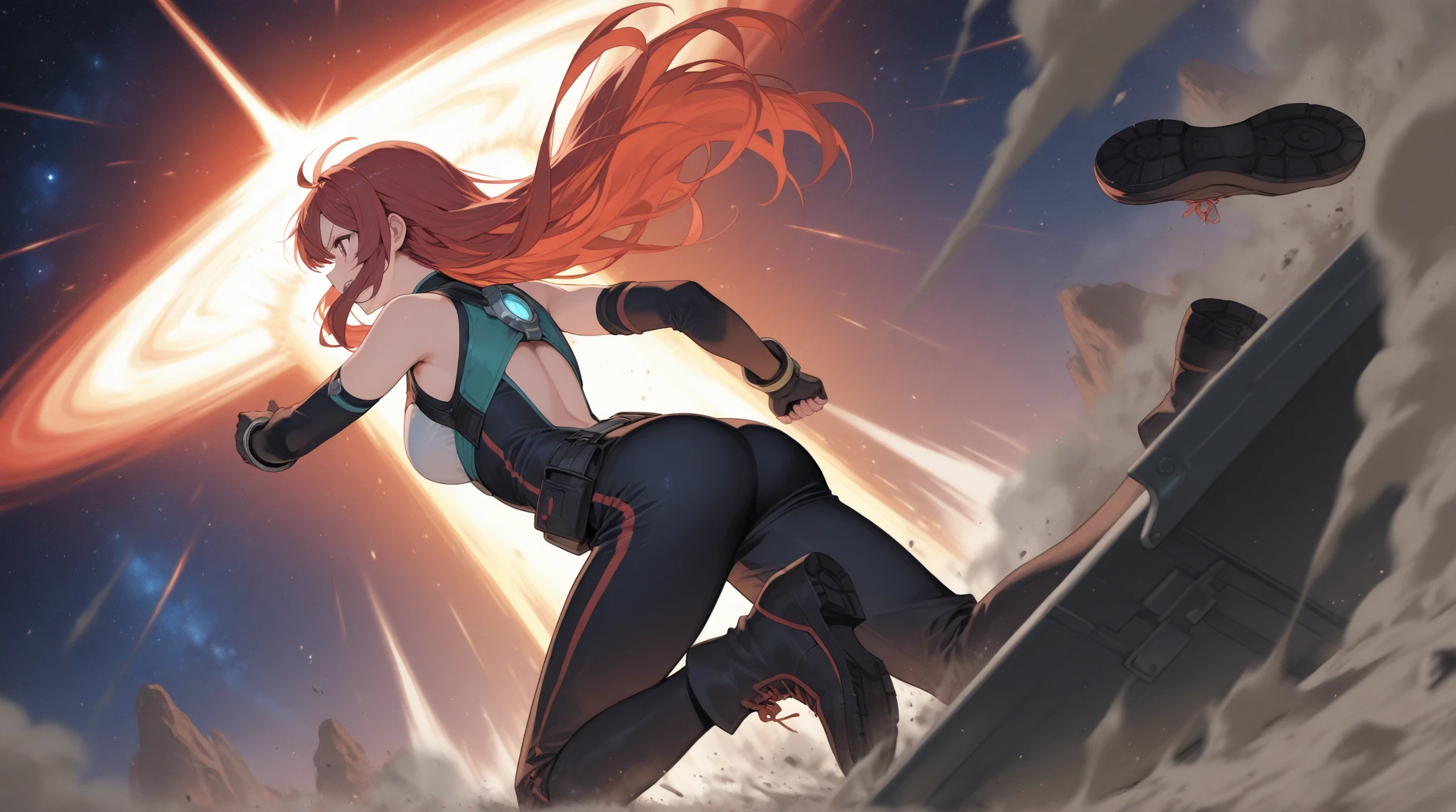 (Best Quality,4K,High resolution), girl with, Red mesh hair on black hair, Long straight hair, sharp eye,Laugh exhilarating, Hero Suit,Comical appearance,noisy,rampage,comic strip,animesque,Comical illustration,Scene of jumping off a cliff in the jungle,Exhilarating action movie-like portrayal、Deformed cute illustration、