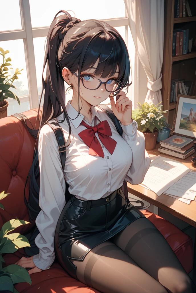 ((best quality, high resolution)), (delicate illustration), (pastelcolor style illustration:0.4), (watercolor style illustration:0.4), ((beautiful:1.3)), 4k,Perfect Anatomy,
Break,(black tights:1.4),solo:1.3,
1girl, cute, brown eyes are shining and cute,black hair,long hair,(red-rimless eyewear:1.2),star earrings,
black thighhighs,breast,white shirts, oversized shirts, sitting,blush, cleavage,
