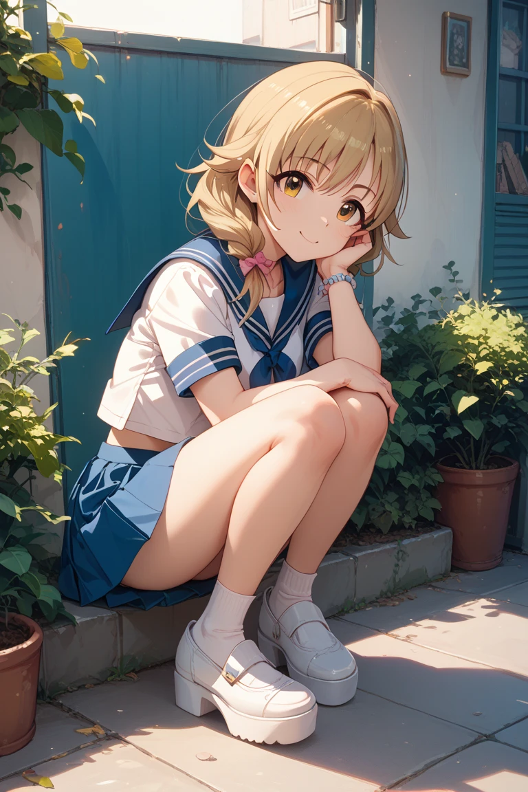 highest quality、Super Resolution、8K,(masterpiece:1.3), (Absurd:1.3), (highest quality:1.3), (Very detailed:1.3), One girl, View your viewers, smile, Outdoor,Photographed from the perspective of looking up at her feet, Summer sailor uniform,ailor collar,、Sit on a bench、She spreads her legs and shyly shows her panties、She shows off her white frilly panties to the viewers.、