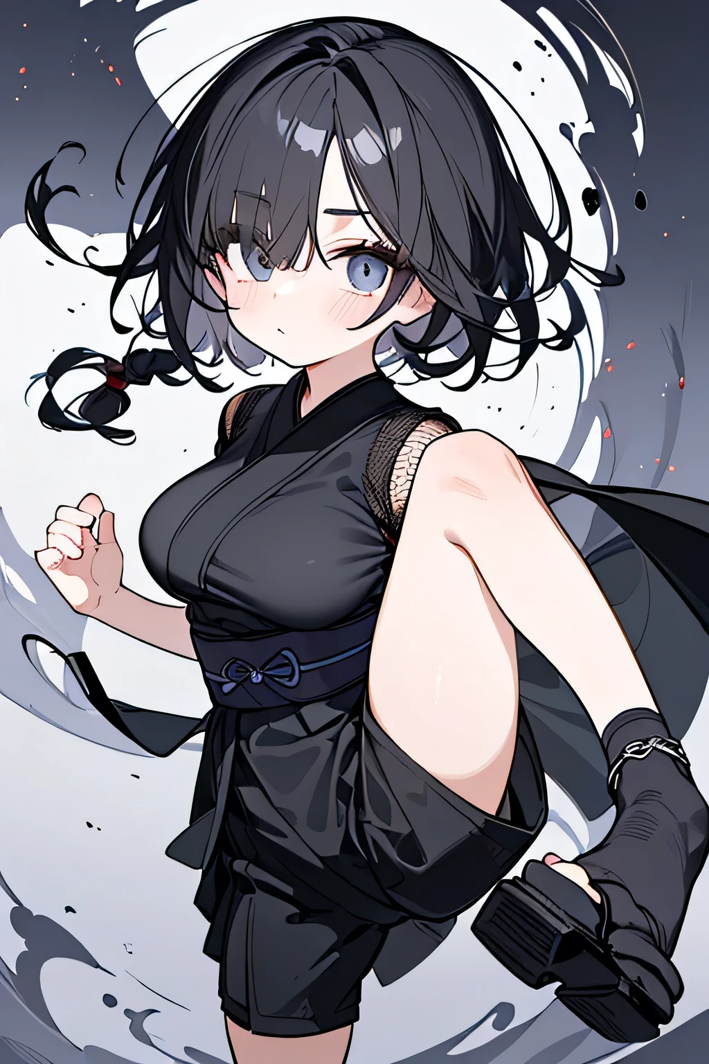 one beautiful girl，NINJA WIND,（（Hair covering one eye）），Mysterious Atmosphere， natural body，（ mesh short sleeve＋black kimono，Dabby pants，NINJA WIND，）， Uri， socks，clear skin，（Slender Body，marshmallow breasts ，），beautiful black hair，detailed clothes，well-groomed face，middle school students，Fair skin，Japanese face，