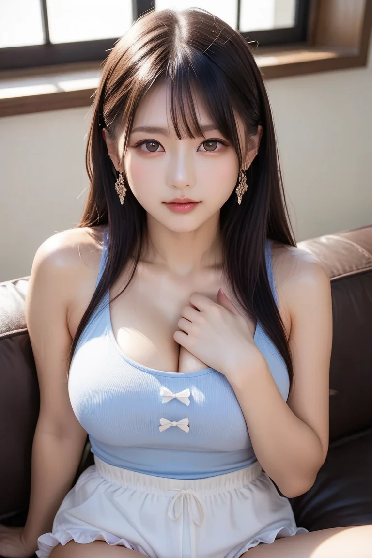 Beautiful, daughter-in-law, japanese, voluptuous, smocked dress, in the living room, seductive expression