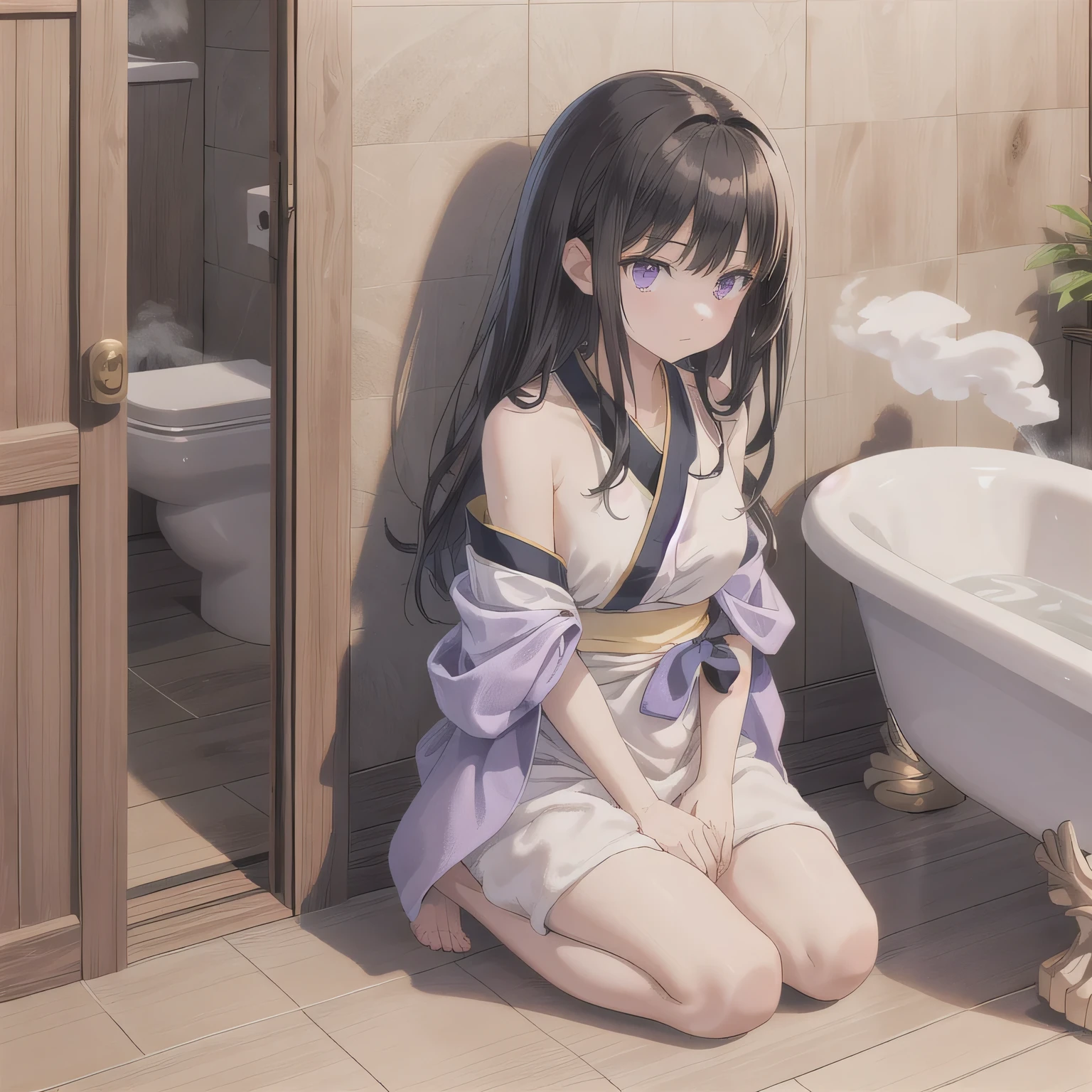 A beautiful woman in a A narrow, compact Japanese bathroom, with tiled walls, a small bathtub, and a wooden stool beside it. Steam fills the room., sitting in seiza style , politely waiting to greet someone.The character is wrapped in a towel around the body. Dark hair, long hair, purple eyes.