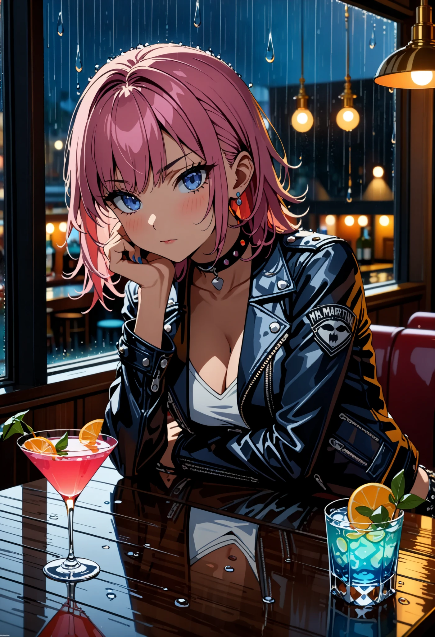 ((best quality)), ((masterpiece)), (detailed), perfect face, ((Best quality, 8k, Masterpiece: 1.3)), Sharp focus A beautiful woman with perfect body, Slim abdomen, Punk rocker, navy leather jacket, choker, standing bar, round table for one person, cocktails on the table, (right hand on chin), pink hair, Mullet hairstyle, Quiet atmosphere, ((left alone at the bar)), blue nail polish, Rain reflected outside the window, raindrops dripping on the window, Cocktail glass, cocktail (martini)