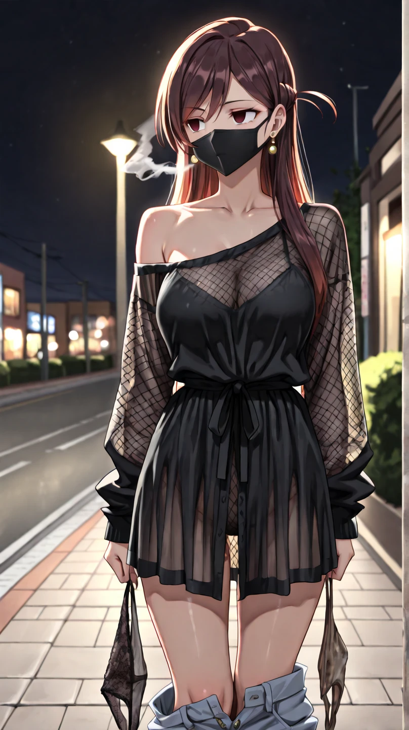Excellent image, a young adult woman with bright makeup in a blue lace mini dress with open shoulders, with red hair, wearing high heel sandals, Hands in handcuffs, handcuffs on hands, wrists are cuffed, arrest, Hands handcuffed, Posing in full growth, playful smile, hands behind your back, feet shoulder width apart, handcuffs with long chain on legs, anime
