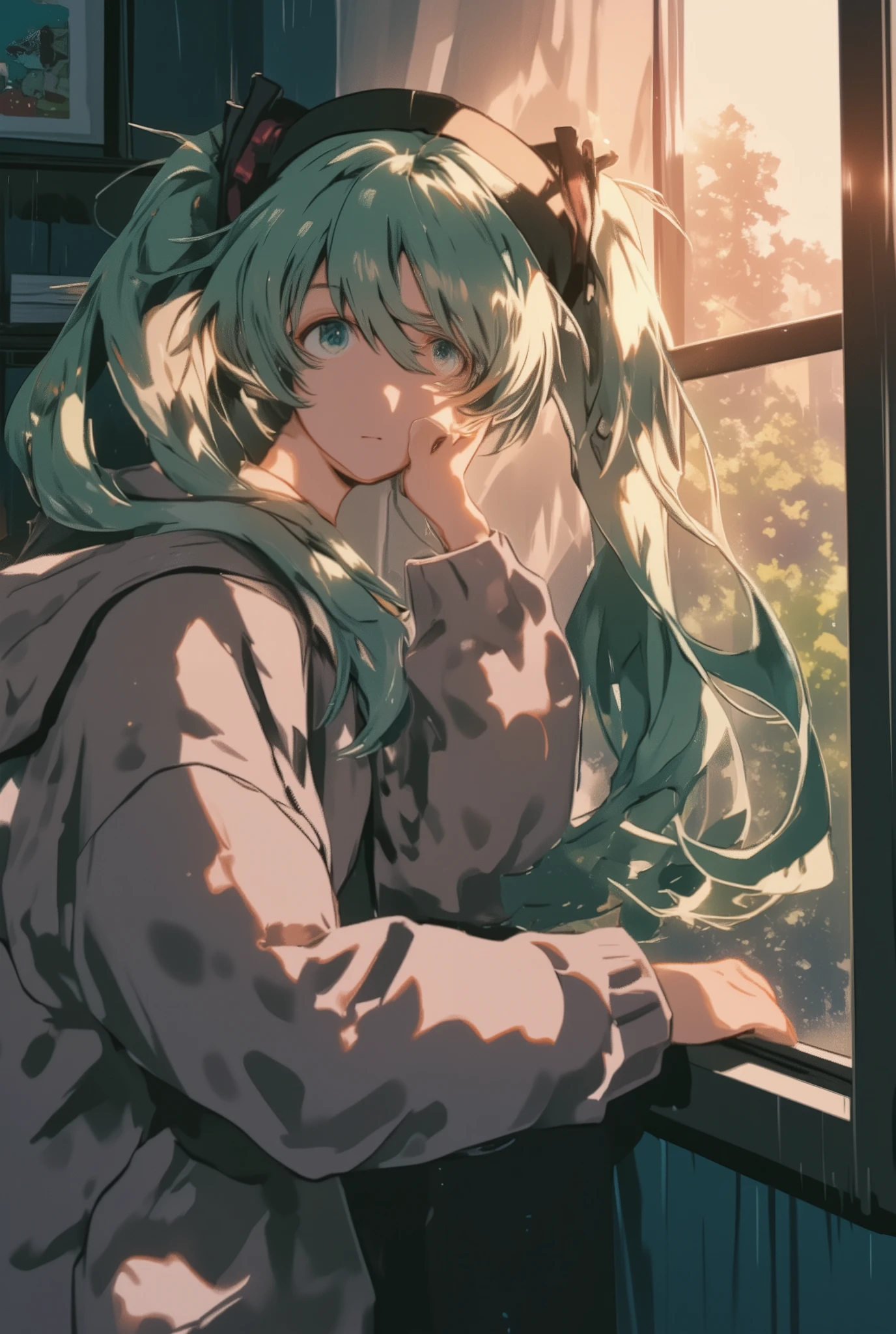 ( masterpiece、 best quality、 best quality、Official Art、  beautiful beautiful  :1.2)  Hatsune Miku、light green twin tails, beautiful breasts, looking out the window pensive, , gentle expression. soft raindrops passing through the window, cozy oversized I'm wearing a cardigan or uniform, shining highlights on the face and hair, Smooth line art , expressive eyes, cinematic composition. Studio Ghibli atmosphere, Makoto Shinkai's artistic atmosphere, highly detailed background, Emotional and dreamy, soft focus, Warm colors, (Rainy Window:1.5), (Rain falling on glass ),Rain marks window" raindrops flowing down window glass！rain drops flowing through fog，Capturing Ambiguous Shadows of the Outside World...