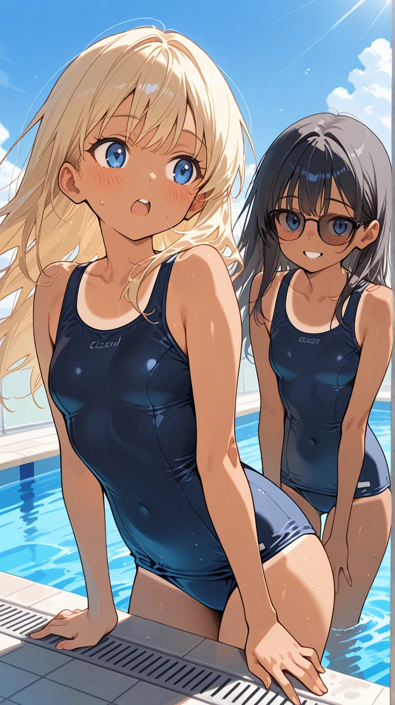 (masterpiece, best quality), 3girls, petite, loli, slim, small breast, blonde hair, white one piece swimsuit, smile, standing by a swimming pool, bright sunlight, vibrant colors, watercolor