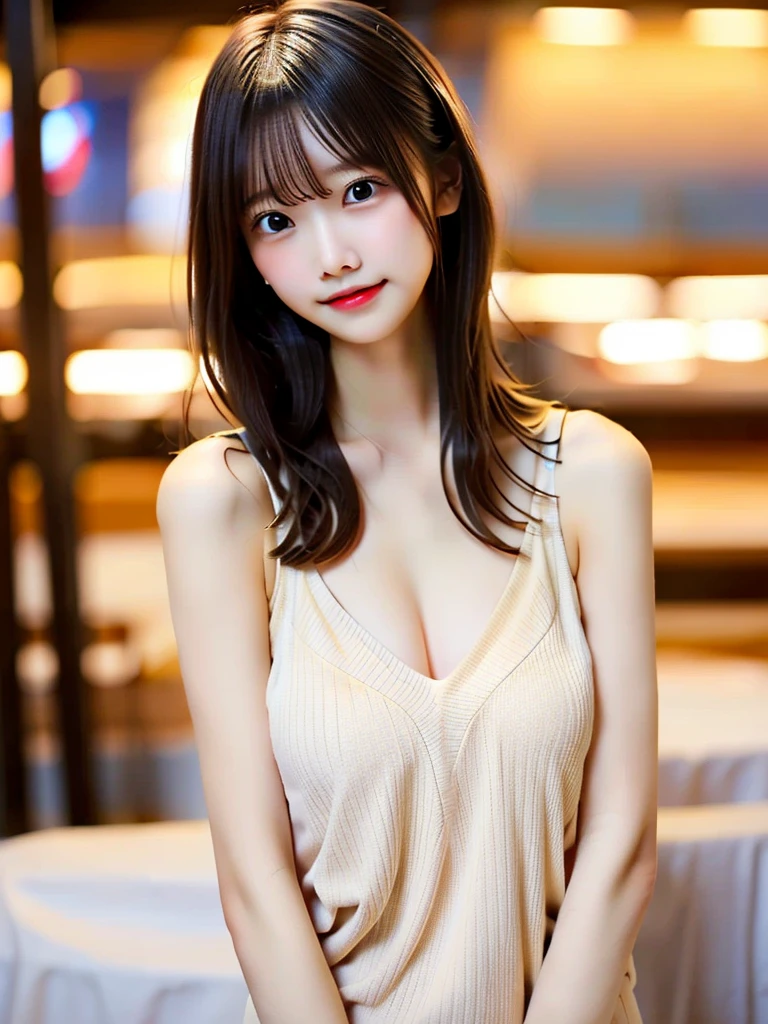 wall background,(Intense dance motion:1.3),spread your hands and move them widely,
Add motion blur effects to simulate motion,off shoulder,navel appears,loose jumper lace dress,Dance movements disrupt costumes,messy hair,Glossy light brown and orange striped short-cut hair,(A smile that makes people happy:1.3),big and full breasts,(In 8K, RAW photo, highest quality, table top,ultra hd),studio lighting,cinematic lighting,(realistic, Photoreal),Digital single-lens reflex camera,looking at camera,beautiful hands,beautiful fingers,Detailed functions of fingers,Detailed features of the garment,Detailed characteristics of hair,detailed facial features,