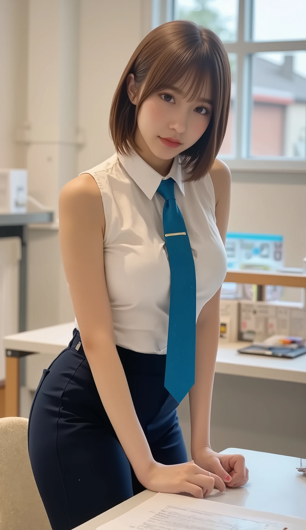 ((Best of the highest quality, 8k, Masterpiece, raw photo: 1.2)), (Sharp focus: 1.2), (1 AESPA, slim body type female, 21 y/o: 1.1), (Solo: 1.28), (realistic, photo-realistic:1.37), face focus, cute face, finely eyes, (droopy eyes: 1.32), (Emphasize prominent aegyo-sal with bright: 1.2), shimmering eyeshadow applied under the lower lash line, paired with thick, (small breasts, flat chest, Thigh: 1.3), (short messy hair, updo: 1.28), (wearing button down business shirt, panties: 1.32), walking rice field, paddy field, flower, (from below: 1.12)