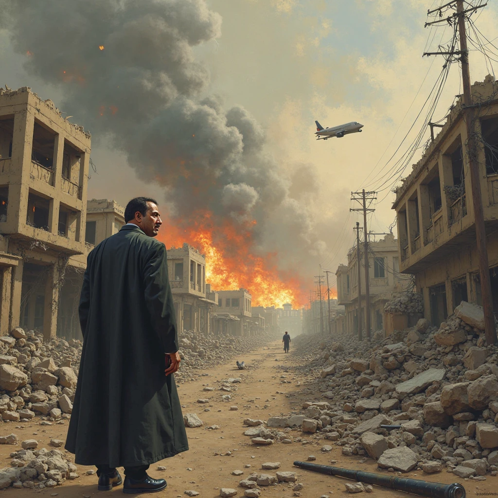 Man, dressed in white, simple clothes, modern Jesus, hdr, raytracing, sunset, 4k, middle east city, column of smoke, burning streets, planes in the sky, helicopters, people praying, people running,