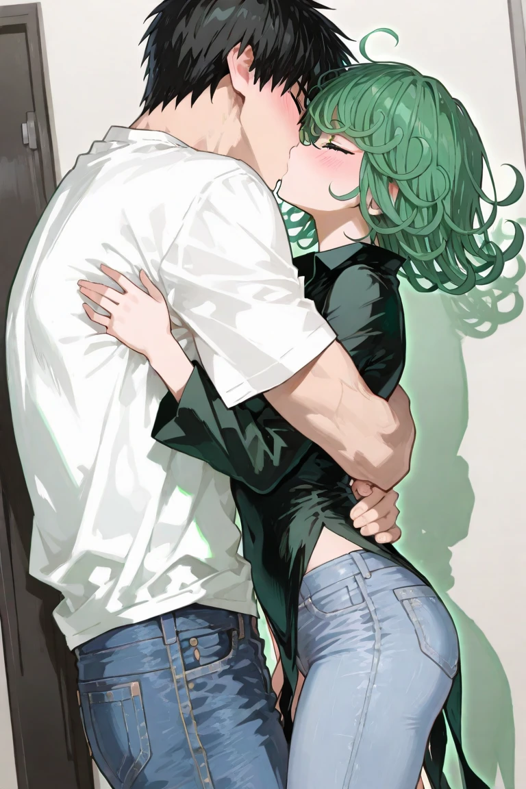 Amazing portrait of a sexy and  woman  wearing a black and white striped t shirt and a dark green skirt kissing and making out passionately with a shirtless boy on the bed in an intimate setting