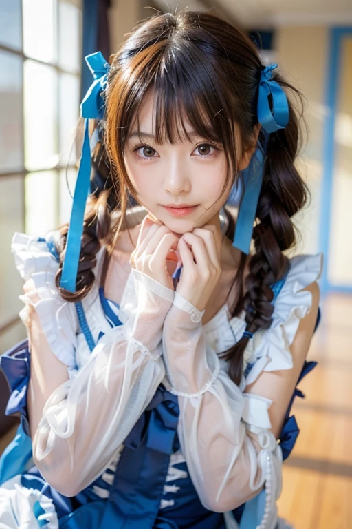 (masterpiece), (best quality:1.4), absurdres, [:intricate details:0.2], 1girl, maid, maid headdress, indoors,masterpiece, best quality, 1 girl, solo, maid uniform, double ponytail,